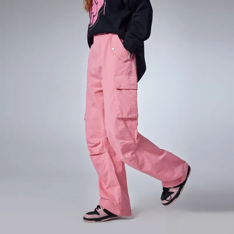 Guuka Couple Leg Pleated Straight Fit Parachute Pants Loose Fit Unisex Pink-9