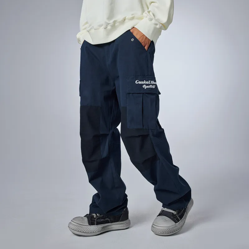 Guuka Embroidered Letter Casual Pants Unisex Navy Blue-2