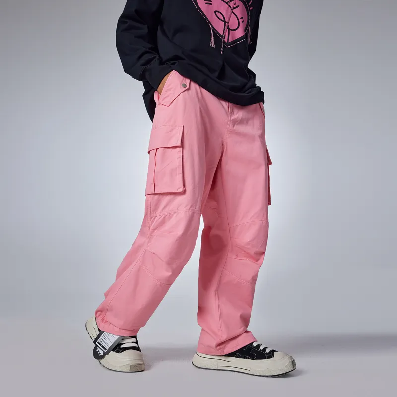 Guuka Couple Leg Pleated Straight Fit Parachute Pants Loose Fit Unisex Pink-4