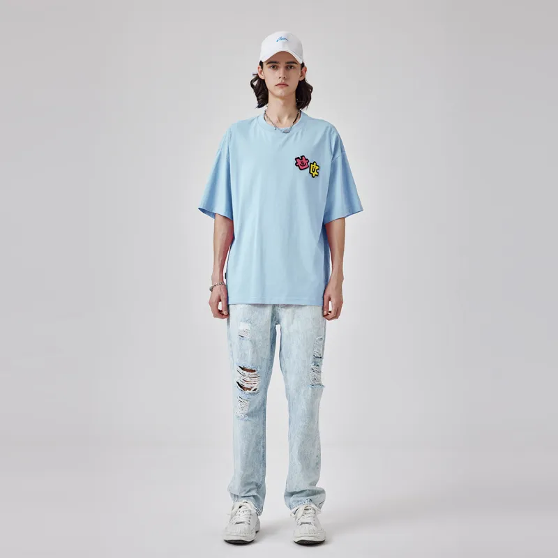 Guuka x AGAHO Slightly Drop Shoulder Short Sleeved T Shirts Unisex Pink Blue-4