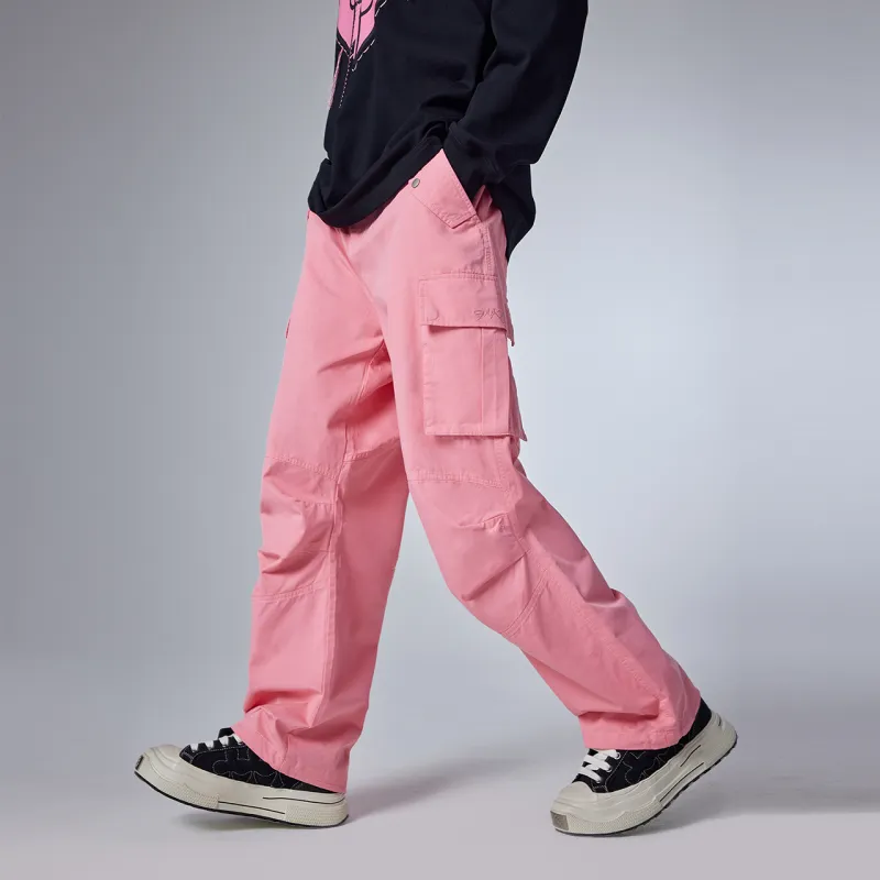 Guuka Couple Leg Pleated Straight Fit Parachute Pants Loose Fit Unisex Pink-2