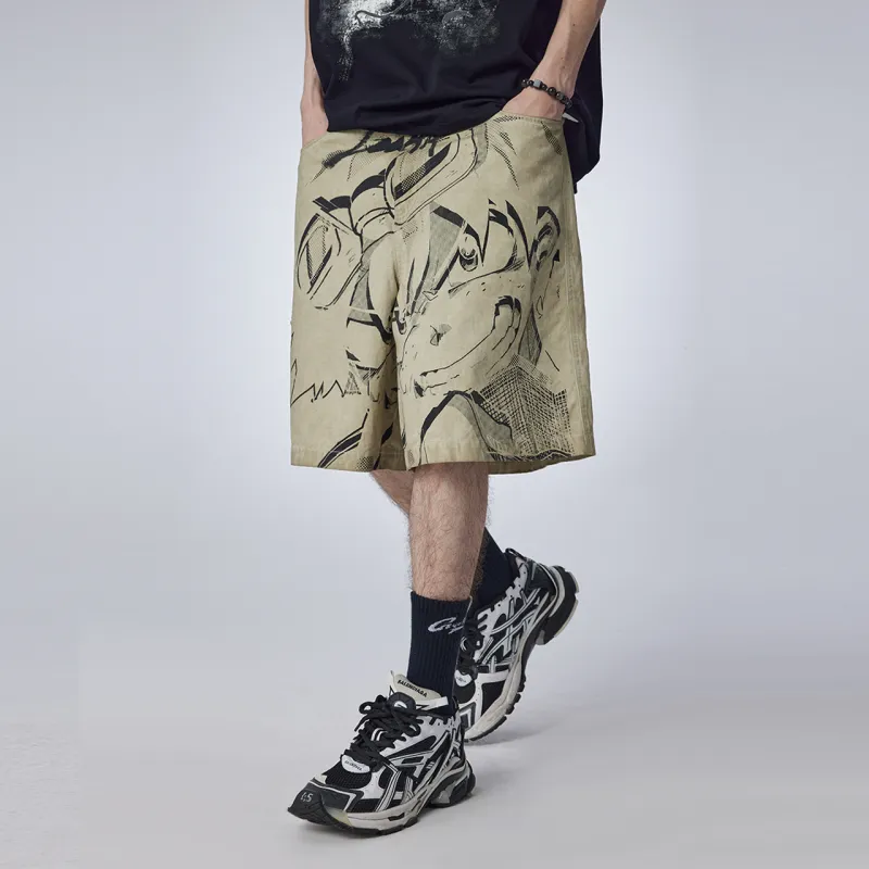 Guuka Anime Print Knee Length Pants Men's Light Apricot-6