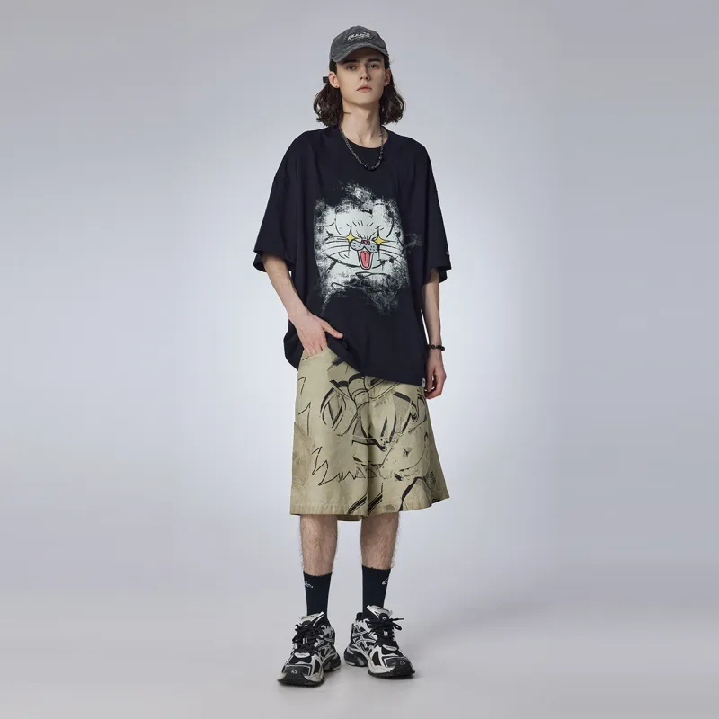 Guuka Anime Print Knee Length Pants Men's Light Apricot-2