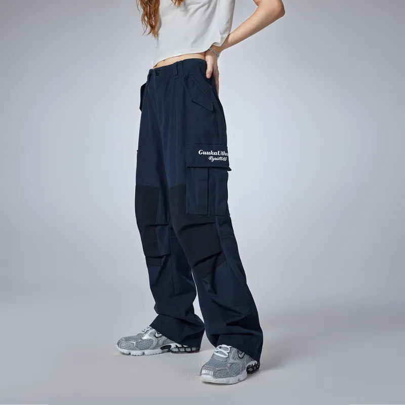 Guuka Embroidered Letter Casual Pants Unisex Navy Blue-6