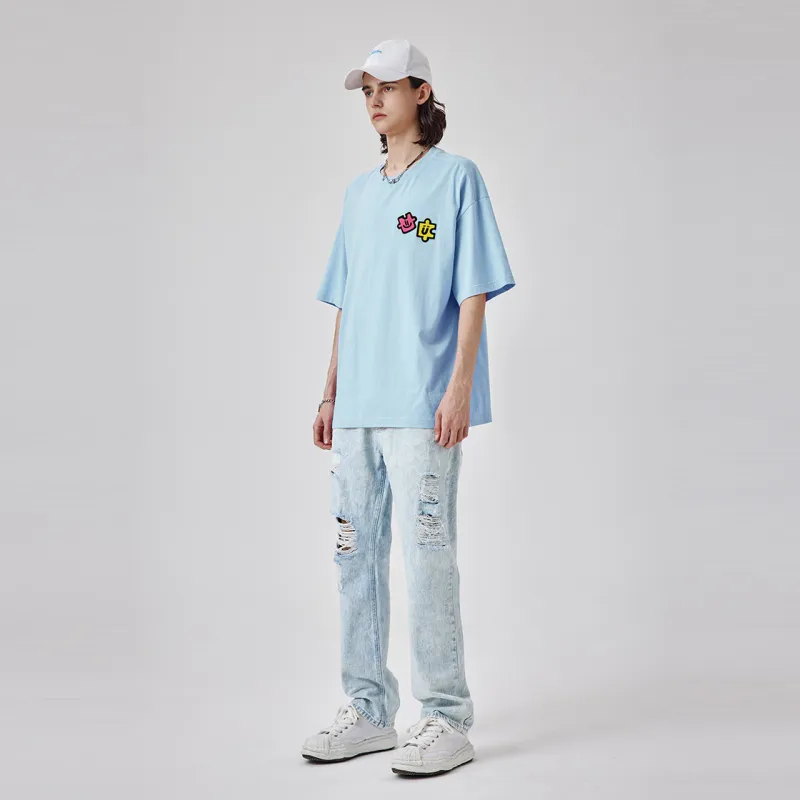 Guuka x AGAHO Slightly Drop Shoulder Short Sleeved T Shirts Unisex Pink Blue-7