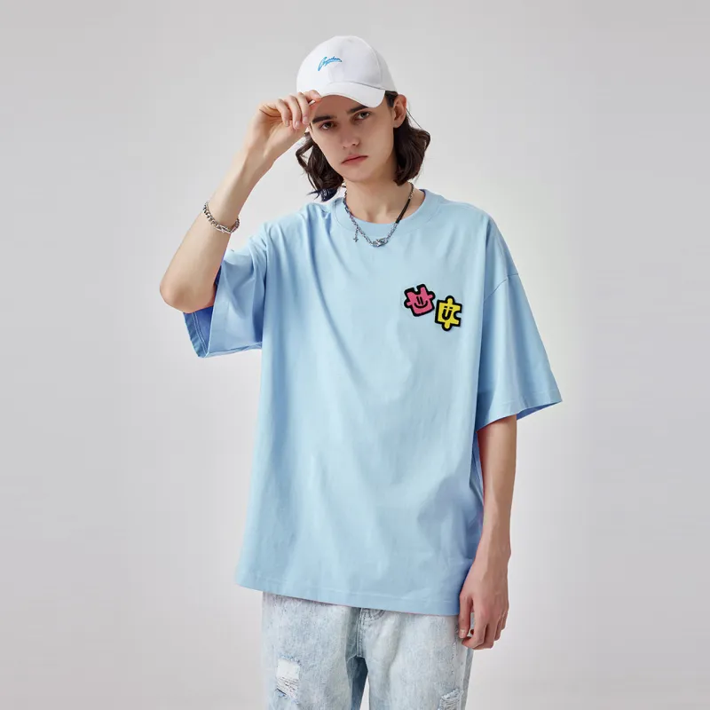 Guuka x AGAHO Slightly Drop Shoulder Short Sleeved T Shirts Unisex Pink Blue-3