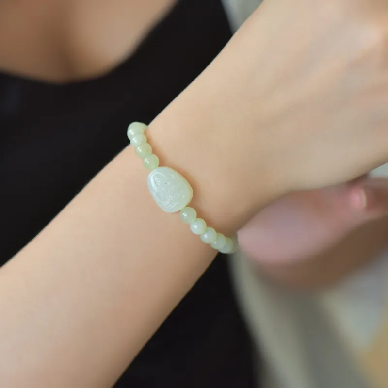 Cuiya Golden Building Hetian Jade Bracelets Pale Greenish-White Jade Unisex-1