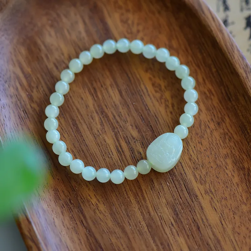 Cuiya Golden Building Hetian Jade Bracelets Pale Greenish-White Jade Unisex-26