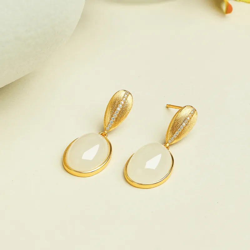 Cuiya Golden Building Hetian Jade Earrings Pale Greenish White Jade Women's-2