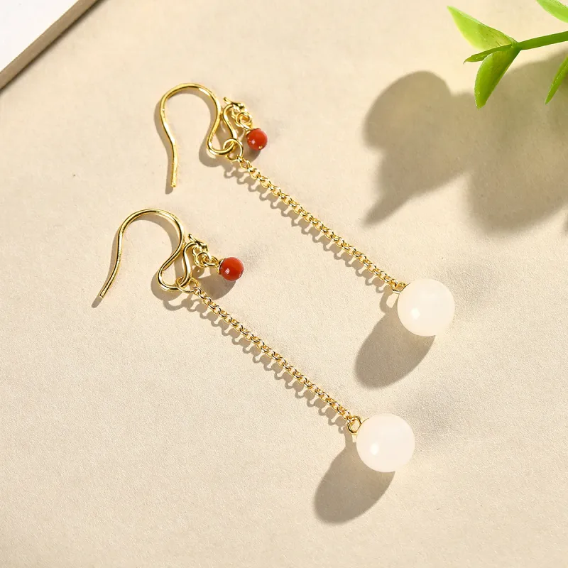 Cuiya Golden Building Hetian Jade Earrings Pale Greenish White Jade Women's-4