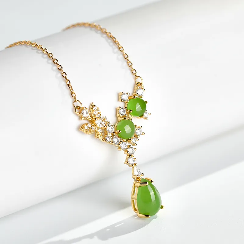 Cuiya Golden Building Hetian Jade Necklaces Green Jade Unisex-3