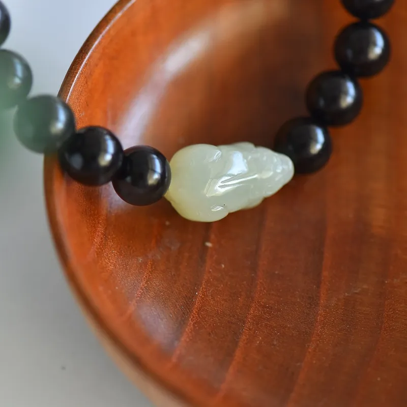 Cuiya Golden Building Hetian Jade Ebony Wood Beaded Bracelet Pale Greenish White Jade Unisex-3