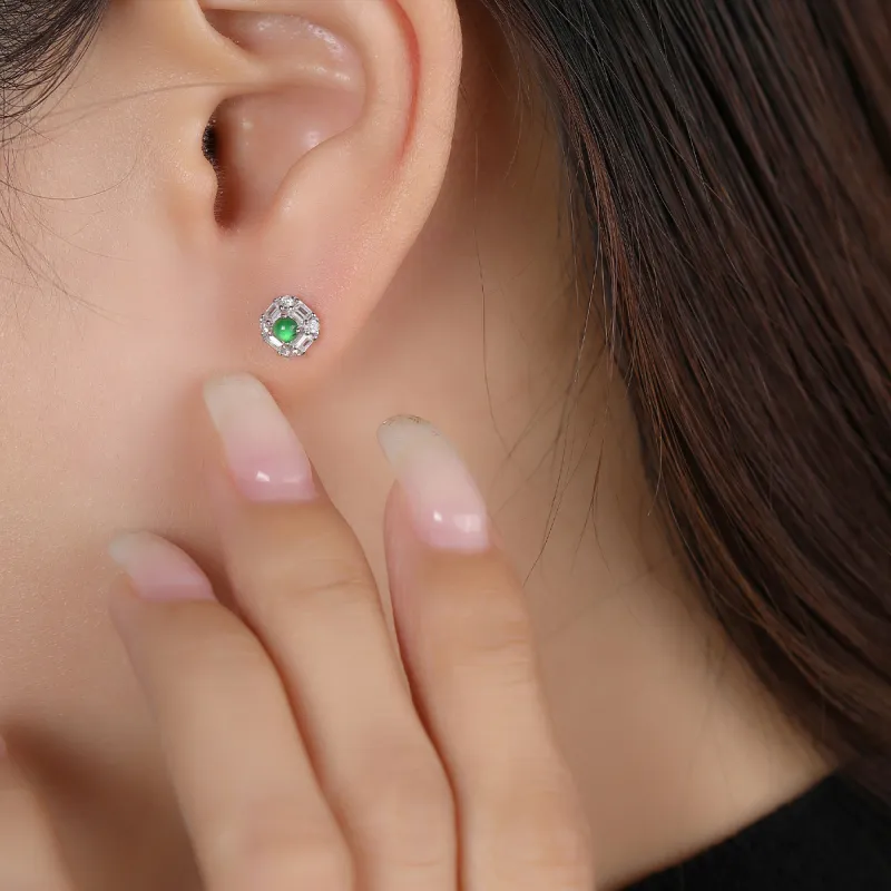 Cuiya Golden Building Ice Type Jadeite Stud Earrings Women's-13
