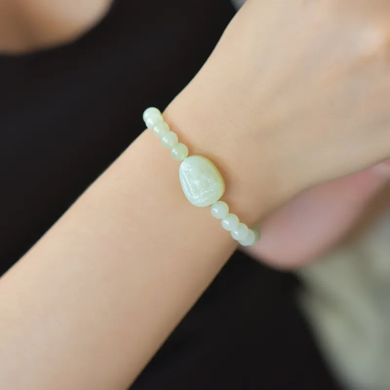 Cuiya Golden Building Hetian Jade Bracelets Pale Greenish-White Jade Unisex-35