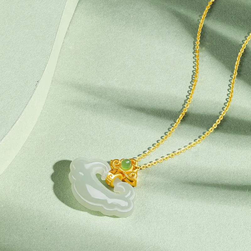 Cuiya Golden Building S925 Silver Hetian Jade Pendants Women's Pale Greenish-White Jade-3
