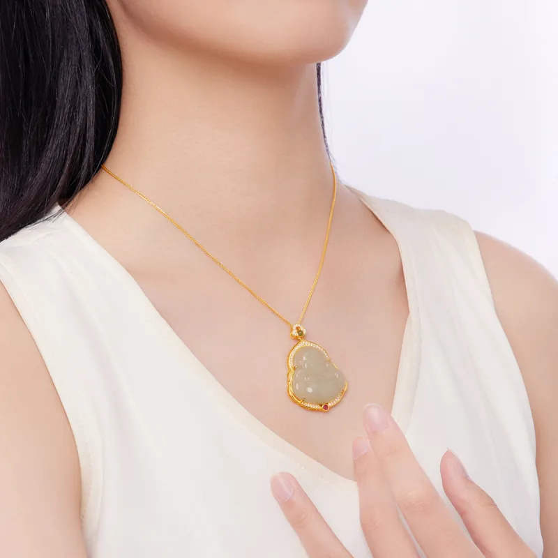 Cuiya Golden Building S925 Silver Hetian Jade Pendants Women's Pale Greenish White Jade-5