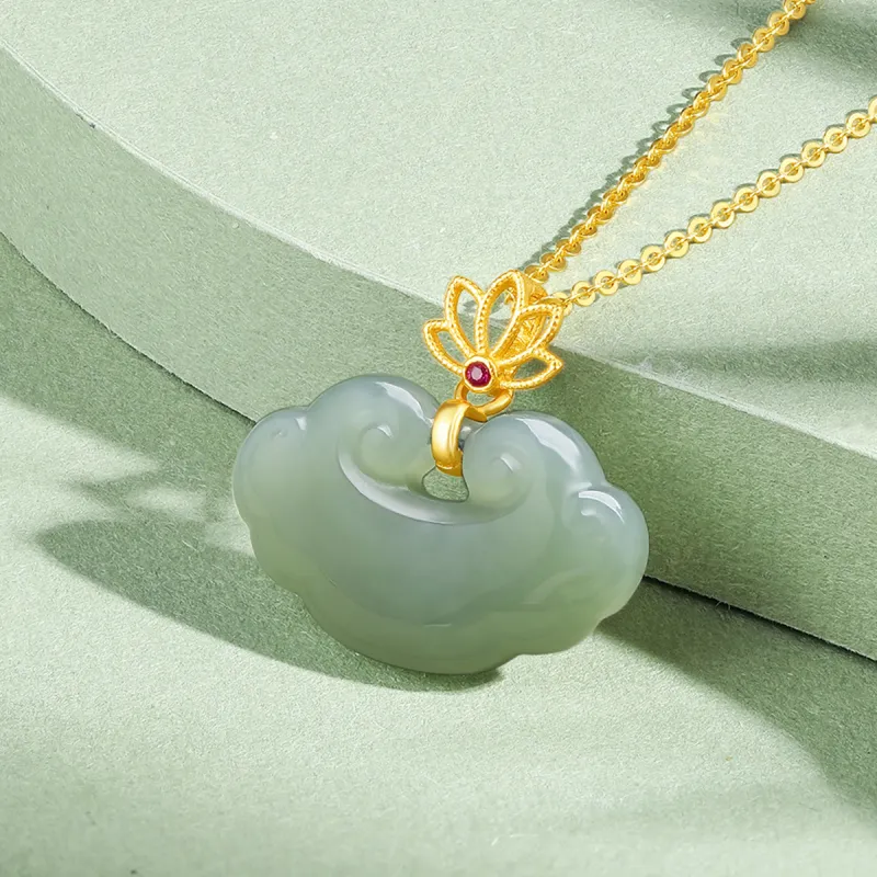Cuiya Golden Building S925 Silver Hetian Jade Pendants Women's Pale Greenish-White Jade-1