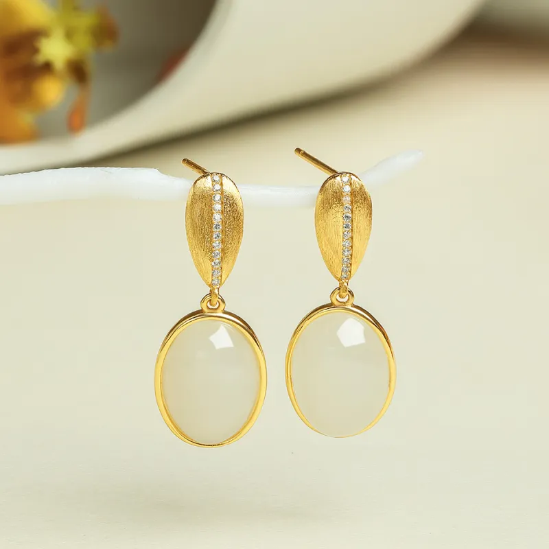 Cuiya Golden Building Hetian Jade Earrings Pale Greenish White Jade Women's-1