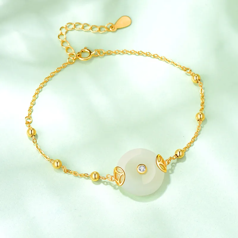 Cuiya Golden Building Hetian Jade Bracelets Pale Greenish White Jade Women's-3