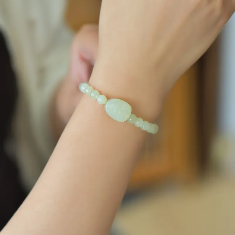 Cuiya Golden Building Hetian Jade Bracelets Pale Greenish-White Jade Unisex-25