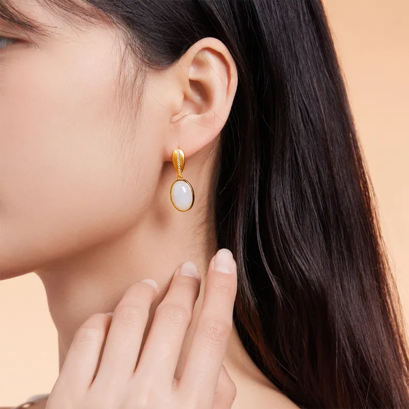Cuiya Golden Building Hetian Jade Earrings Pale Greenish White Jade Women's-4