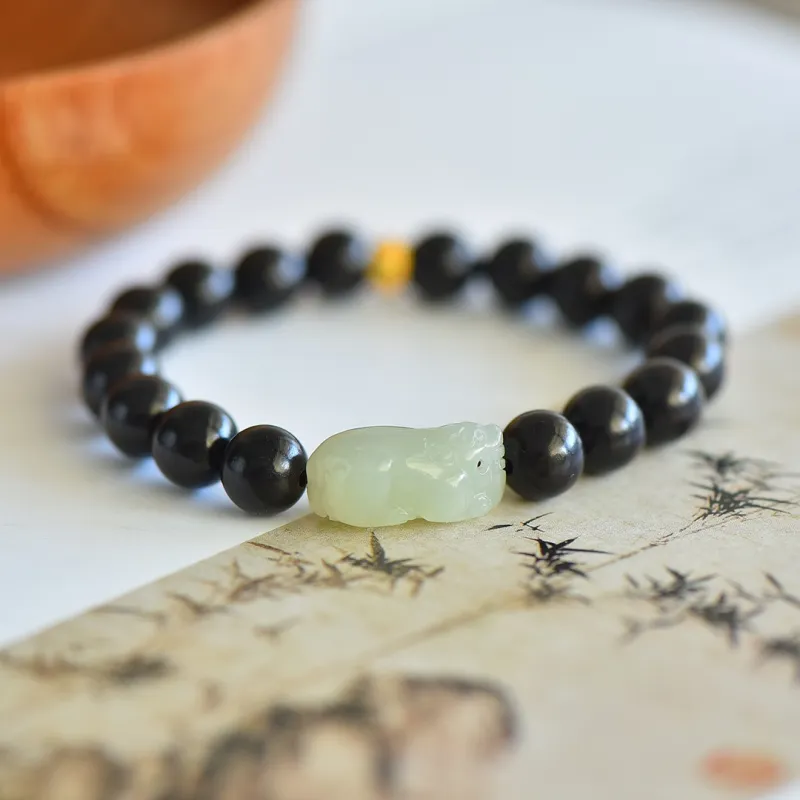 Cuiya Golden Building Hetian Jade Ebony Wood Beaded Bracelet Pale Greenish White Jade Unisex-2