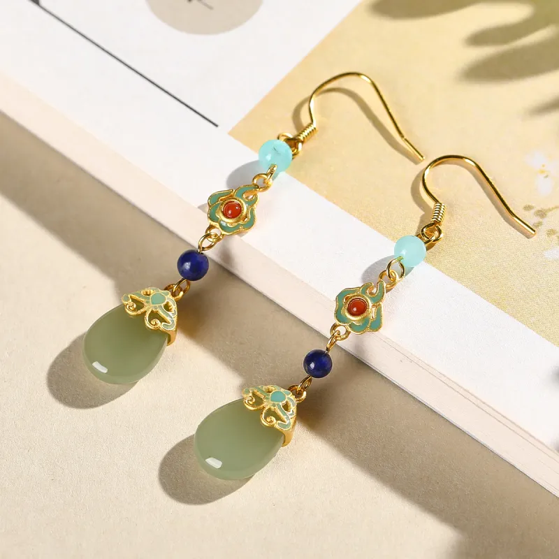 Cuiya Golden Building Hetian Jade Earrings Pale Greenish White Jade Women's-1