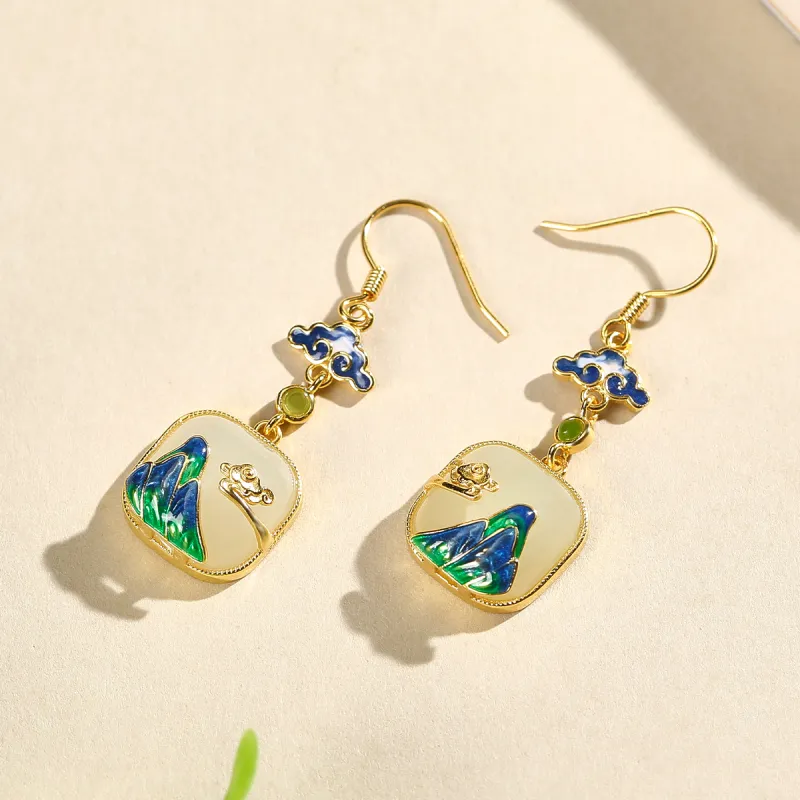 Cuiya Golden Building Hetian Jade Earrings Pale Greenish White Jade Women's-6