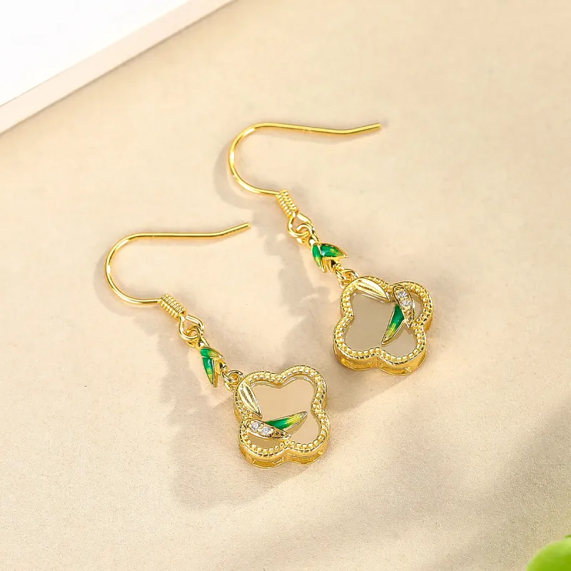 Cuiya Golden Building Hetian Jade Earrings Pale Greenish White Jade Unisex-4