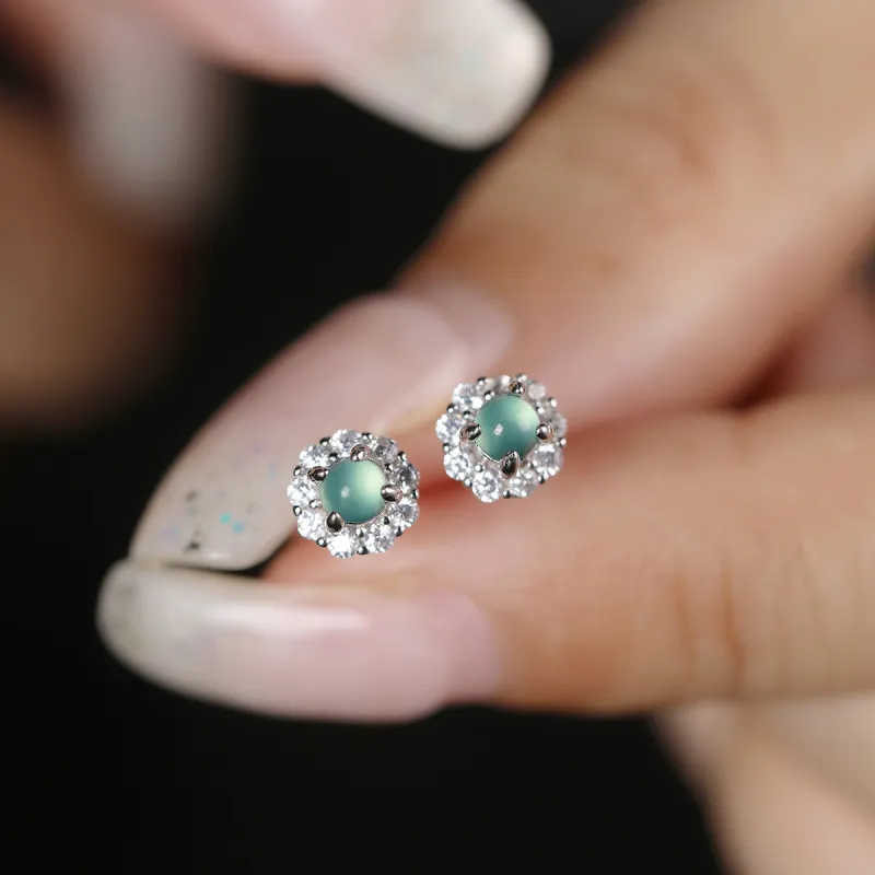Cuiya Golden Building Ice Type Jadeite Stud Earrings Women's-2