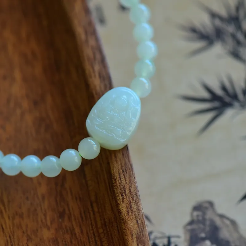 Cuiya Golden Building Hetian Jade Bracelets Pale Greenish-White Jade Unisex-32