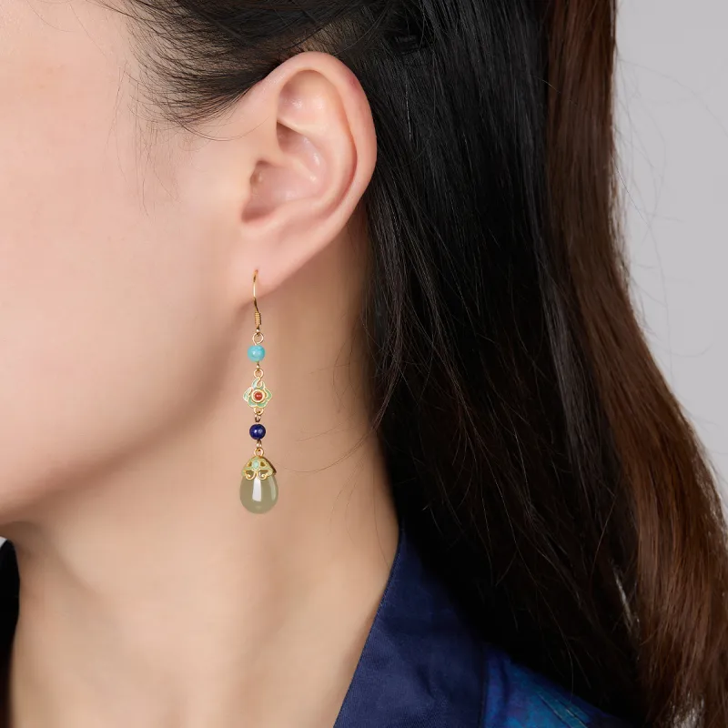 Cuiya Golden Building Hetian Jade Earrings Pale Greenish White Jade Women's-2