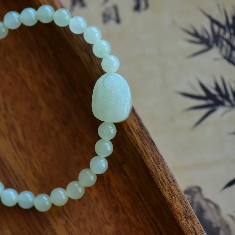 Cuiya Golden Building Hetian Jade Bracelets Pale Greenish-White Jade Unisex-27