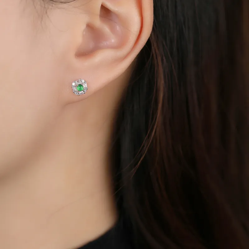 Cuiya Golden Building Ice Type Jadeite Stud Earrings Women's-12