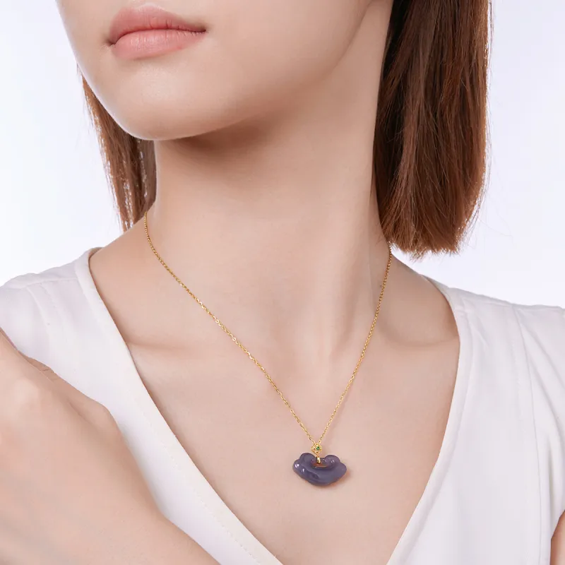 Cuiya Golden Building 18K Gold Hetian Jade Pendants Women's Pale Greenish White Jade-1