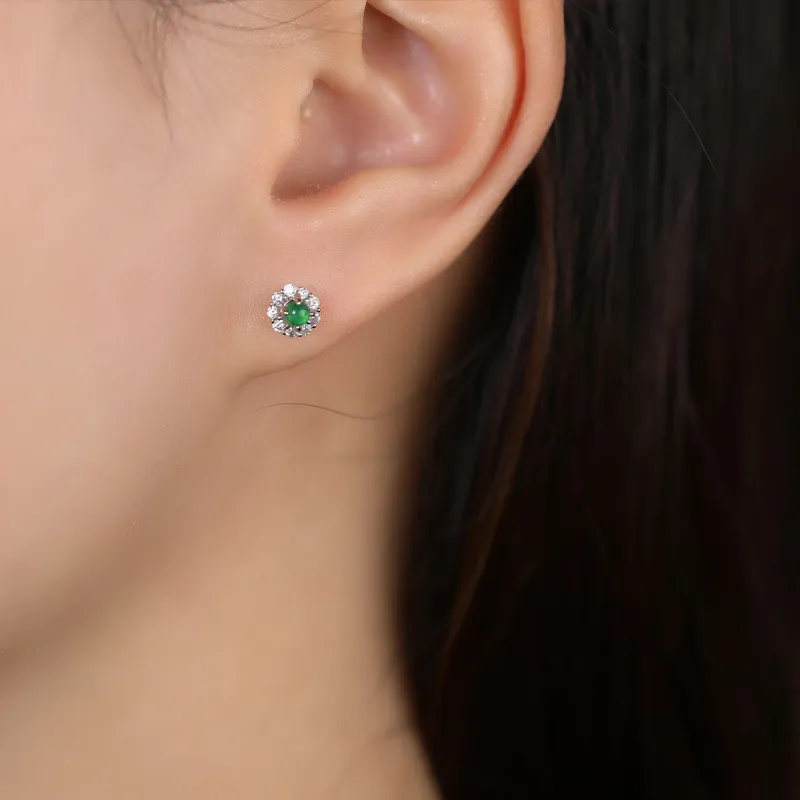 Cuiya Golden Building Ice Type Jadeite Stud Earrings Women's-7