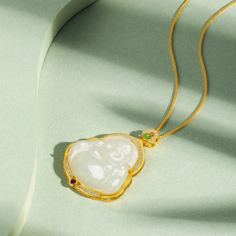 Cuiya Golden Building S925 Silver Hetian Jade Pendants Women's Pale Greenish White Jade-4
