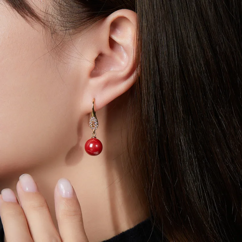 Cuiya Golden Building Reconstructed Cinnabar Earrings Women's-2