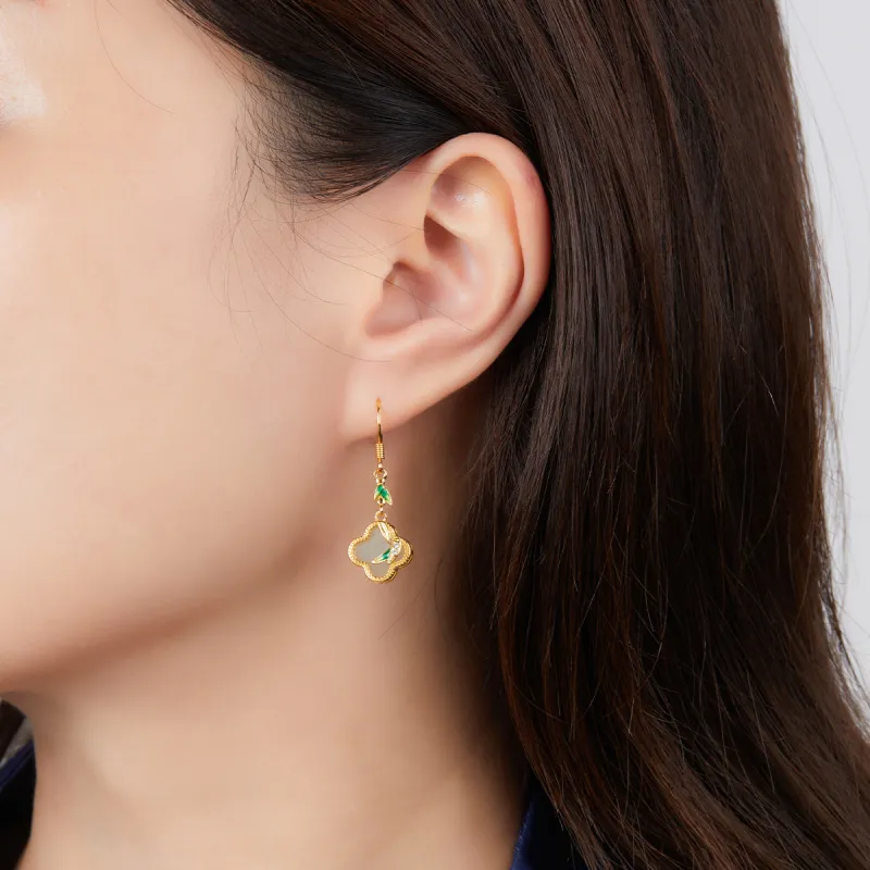 Cuiya Golden Building Hetian Jade Earrings Pale Greenish White Jade Unisex-2