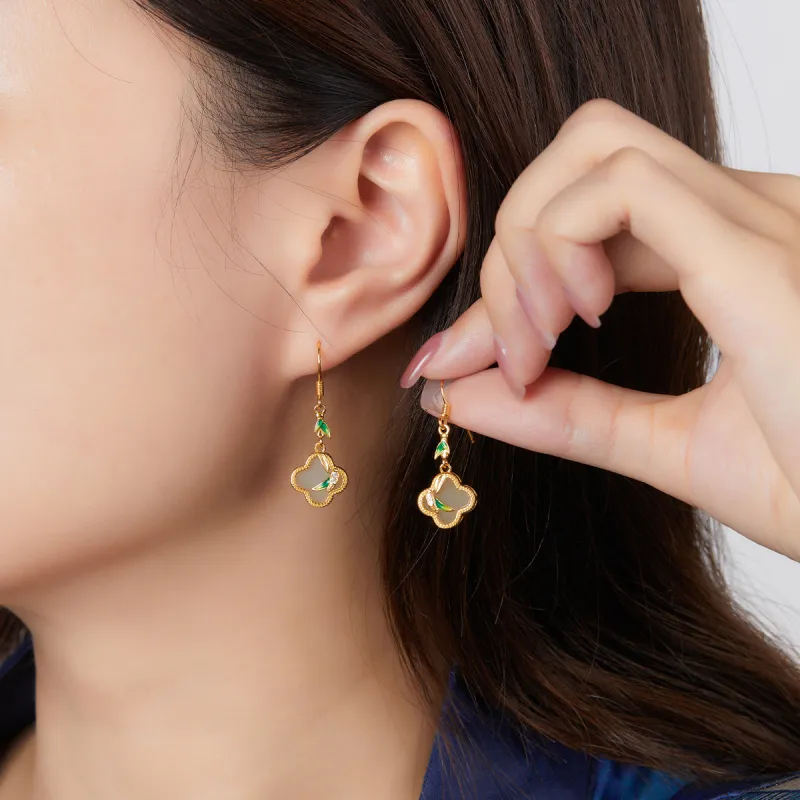 Cuiya Golden Building Hetian Jade Earrings Pale Greenish White Jade Unisex-3