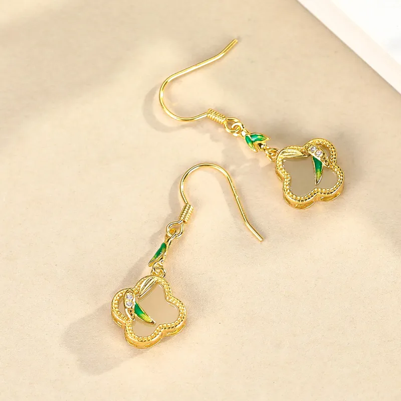 Cuiya Golden Building Hetian Jade Earrings Pale Greenish White Jade Unisex-1