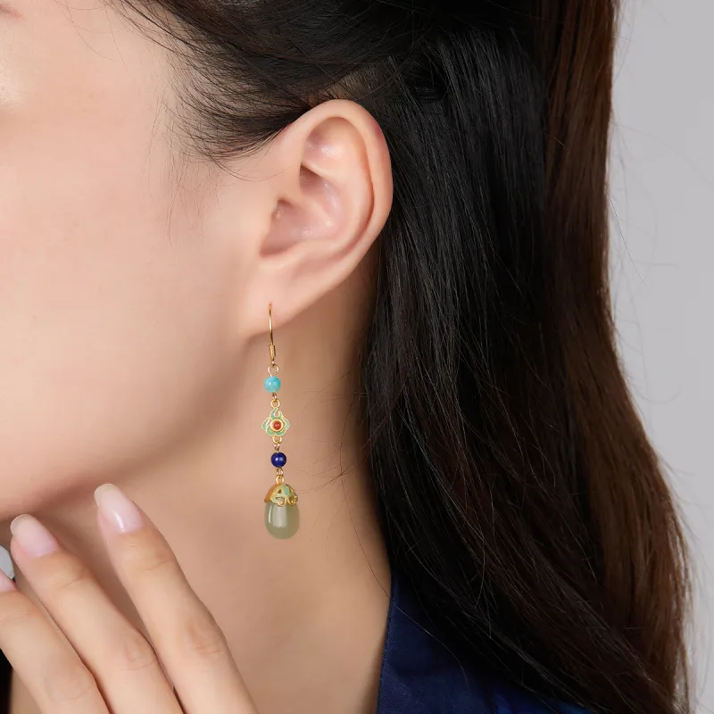Cuiya Golden Building Hetian Jade Earrings Pale Greenish White Jade Women's-3