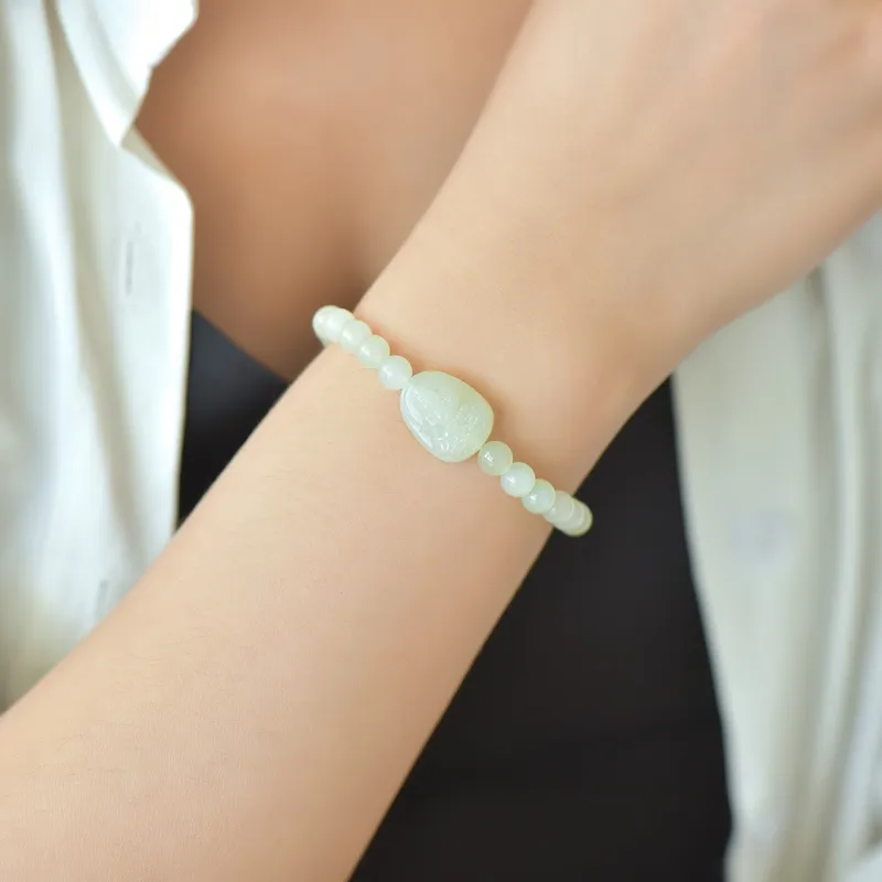 Cuiya Golden Building Hetian Jade Bracelets Pale Greenish-White Jade Unisex-5
