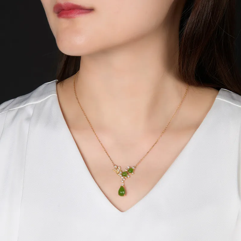 Cuiya Golden Building Hetian Jade Necklaces Green Jade Unisex-2
