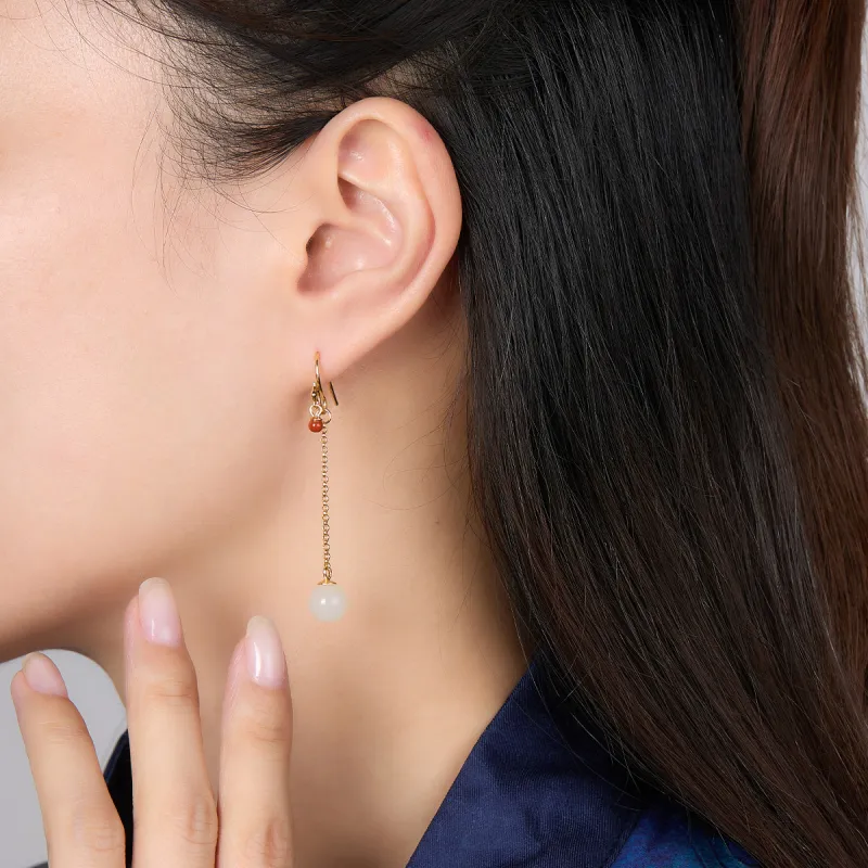 Cuiya Golden Building Hetian Jade Earrings Pale Greenish White Jade Women's-3