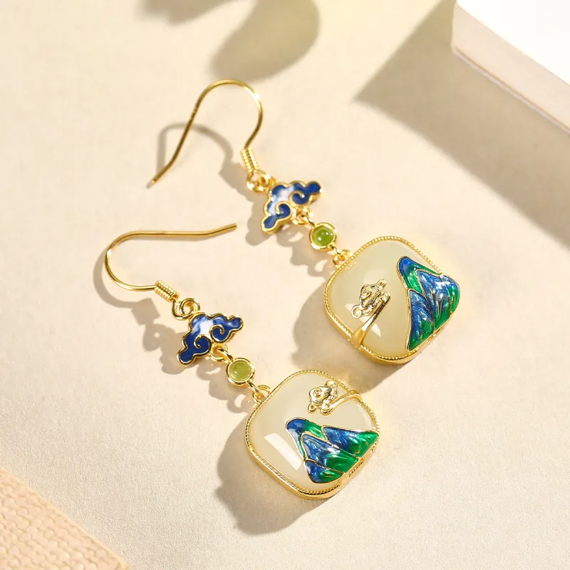 Cuiya Golden Building Hetian Jade Earrings Pale Greenish White Jade Women's-5