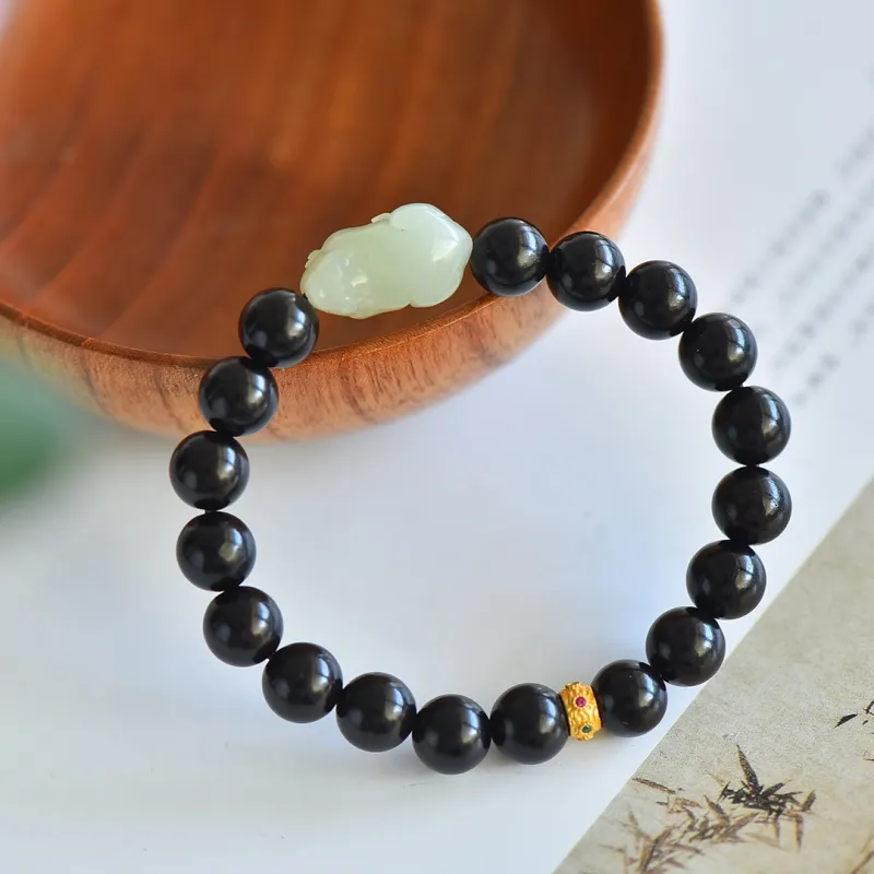 Cuiya Golden Building Hetian Jade Ebony Wood Beaded Bracelet Pale Greenish White Jade Unisex-4
