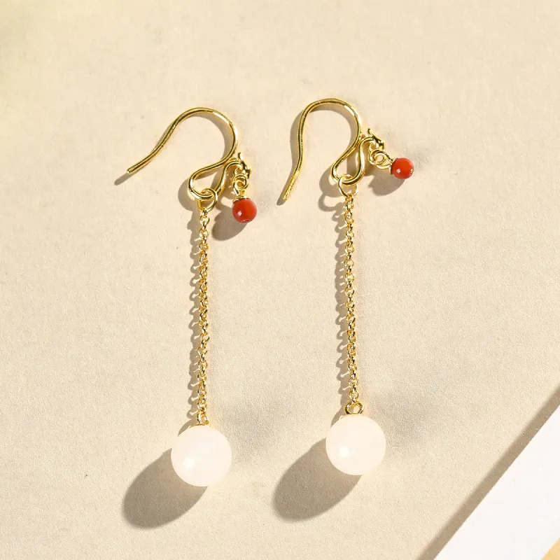 Cuiya Golden Building Hetian Jade Earrings Pale Greenish White Jade Women's-6
