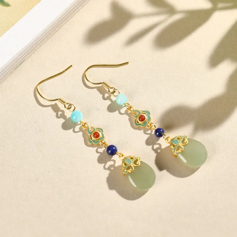 Cuiya Golden Building Hetian Jade Earrings Pale Greenish White Jade Women's-4