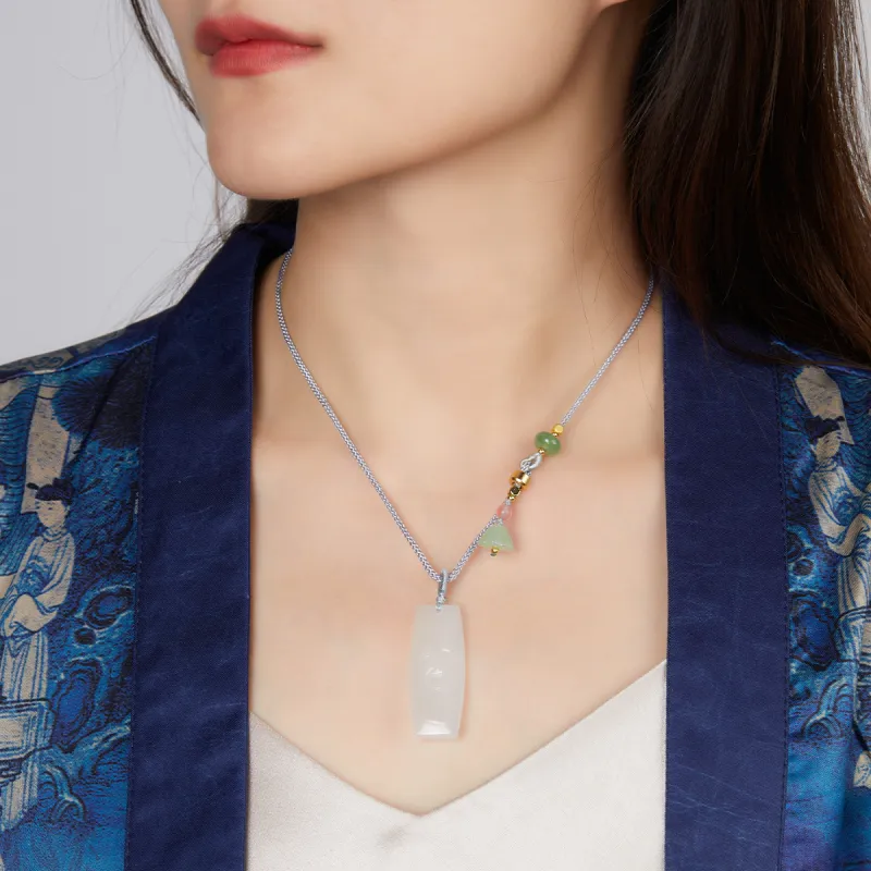 Cuiya Golden Building Hetian Jade Necklaces White Jade Unisex-3